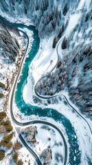 Aerial view of the winding Snake Road in winter in the Dolomite Alps of Italy