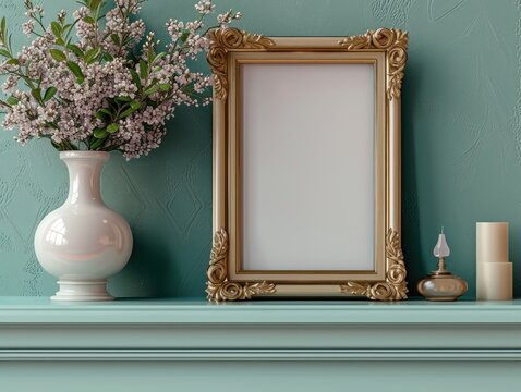 golden classic empty photo frame with flower vase on light blue wall background