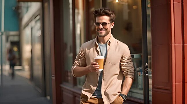 Businessman drinking takeaway coffee in sunglasses
