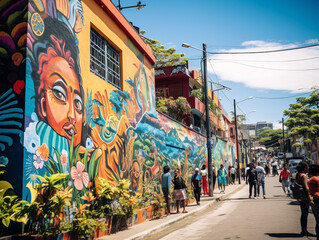 Naklejka premium Colorful street scene featuring an array of vibrant street art and captivating murals.
