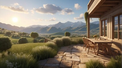 Countryside Idyll - Wooden Cabin Terrace with Flower Pot Accents and Mountain Backdrop - obrazy, fototapety, plakaty