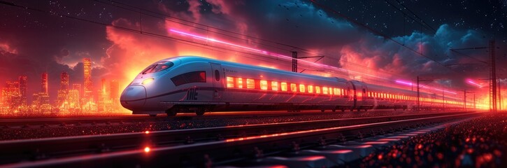 A high-speed train zooming through a landscape dotted with crypto mining rigs