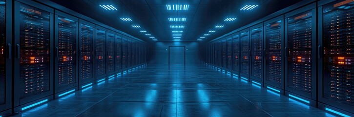  A high-tech blockchain data center with rows of glowing servers under cool