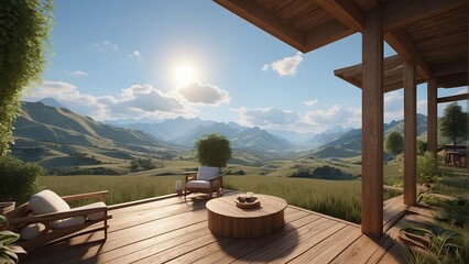 Wooden Retreat - Terrace Living with Spectacular Views of Mountains and Meadows - obrazy, fototapety, plakaty
