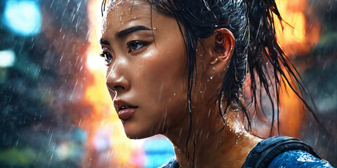 Close-up of  face and a strong fearless asian woman - obrazy, fototapety, plakaty
