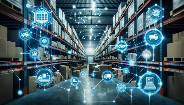 A modern warehouse with augmented reality icons representing logistics and supply chain management technology overlaying a scene of shelves stocked with goods.Modern warehousing concept. AI generated.