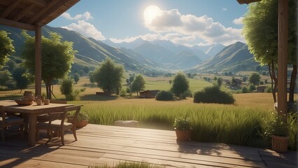 Tranquil Wooden Oasis - Terrace View of Rolling Hills and Majestic Mountains - obrazy, fototapety, plakaty