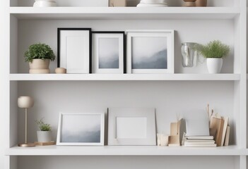 Fototapeta na wymiar Horizontal picture frame mockup on empty white shelf, Generative AI