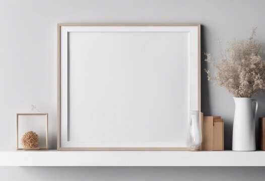 Horizontal picture frame mockup on empty white shelf, Generative AI