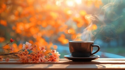 Naklejka na ściany i meble cup of coffee or cup of tea on a wooden table with autumn leaves backgrounds.