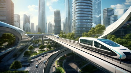 A digitally simulated urban environment showcasing cutting-edge architecture, high-speed transit systems, and automated services in a sustainable city of tomorrow Generative AI - obrazy, fototapety, plakaty