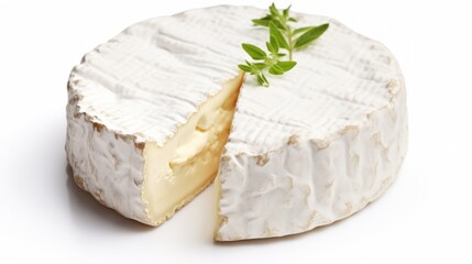 Fototapeta na wymiar Close-up realistic photo featuring a soft camembert cheese against a white background Generative AI