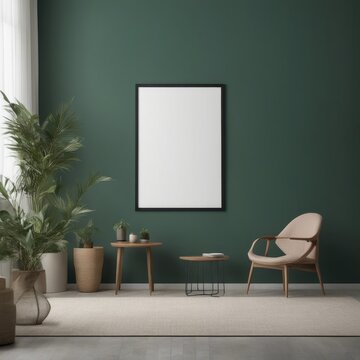 Mockup poster frame in minimalist interior background with dark green wall, Generative AI