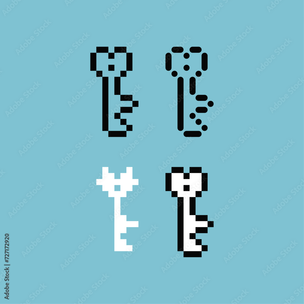 Poster pixel art outline sets icon of heart key variation color. heart key shape icon on pixelated style. 8