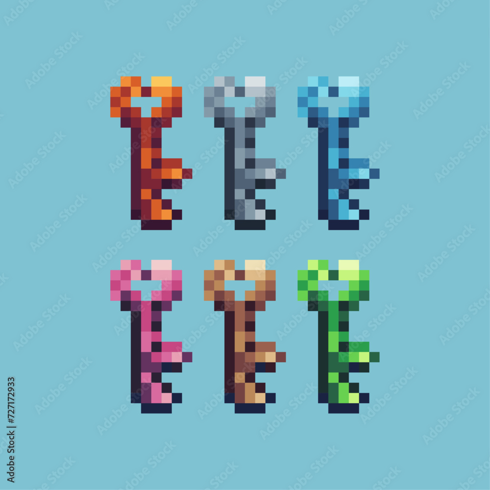 Poster pixel art sets icon of heart key variation color. heart key shape icon on pixelated style. 8bits ill