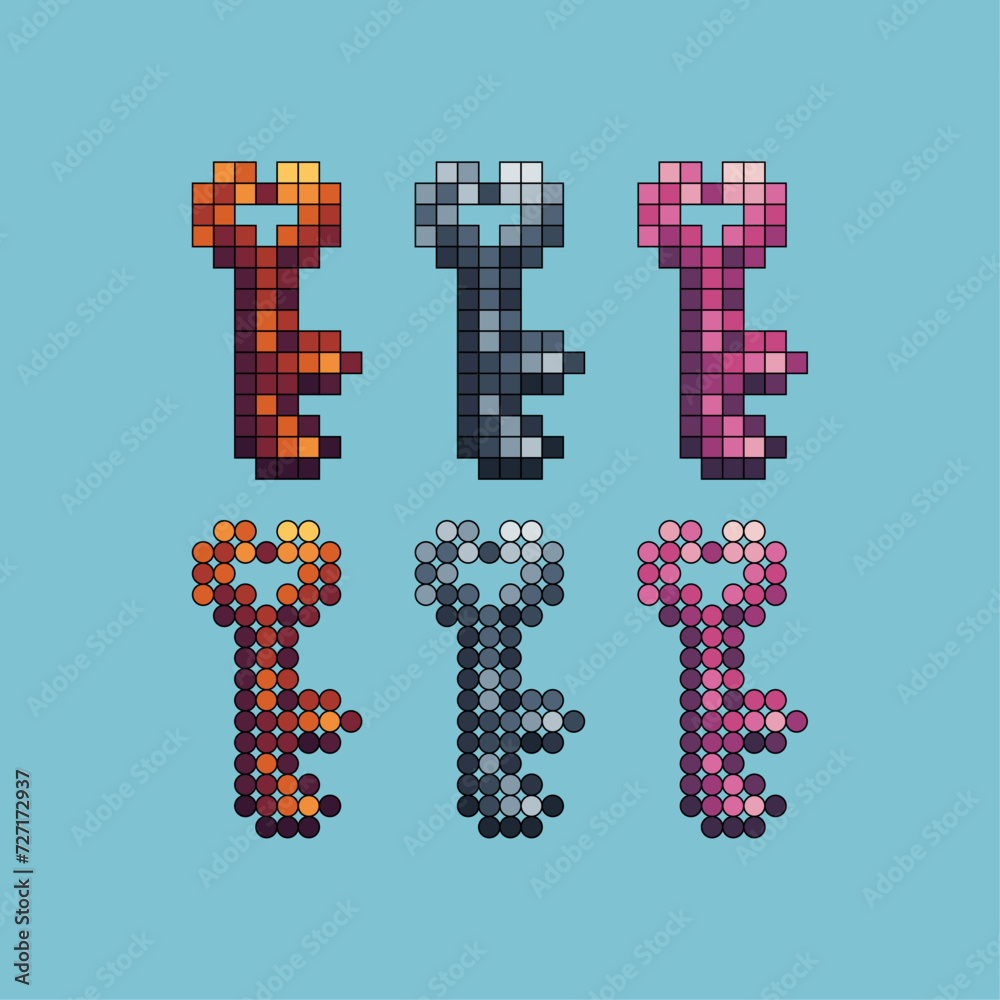 Poster Pixel art stroke sets icon of heart key variation color. Heart key shape icon on pixelated style. 8bits Illustration, perfect for design asset element your game ui. Simple pixel art icon asset.