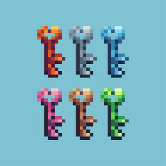 Pixel art sets icon of heart key variation color. Heart key shape icon on pixelated style. 8bits Illustration, perfect for design asset element your game ui. Simple pixel art icon asset.