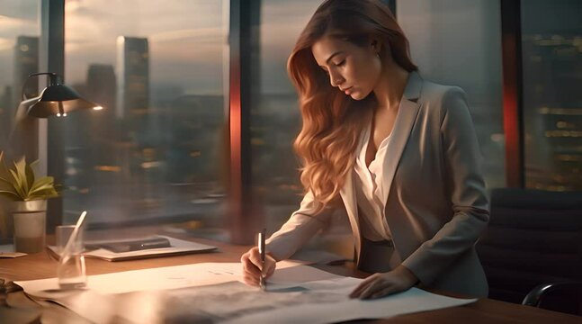 Busy corporate ceo woman working late night and writing at sunset 