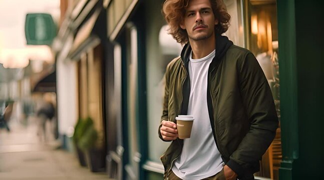Man with long blonde hait waiting front of a coffee shop drinking takeaway coffee