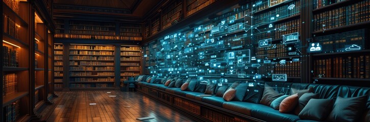 A library with books that turn into digital screens displaying economic theories - obrazy, fototapety, plakaty