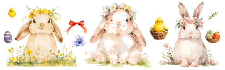 Easter bunny wearing a flowers crown, Colorful watercolor cute rabbit toy isolated on white background. Celebration Illustration set and Spring decorations. Cut out PNG on transparent background. - obrazy, fototapety, plakaty