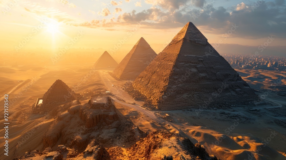Poster pyramid cluster, drone's altitude, sun setting, distant oasis, realistic twilight over egyptian monu