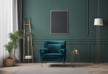 Poster mockup with vertical frames on empty dark green wall in living room interior with blue velvet armchair, Generative AI