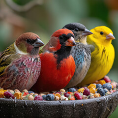 Various Birds Visiting a Cluttered Bird Feeder