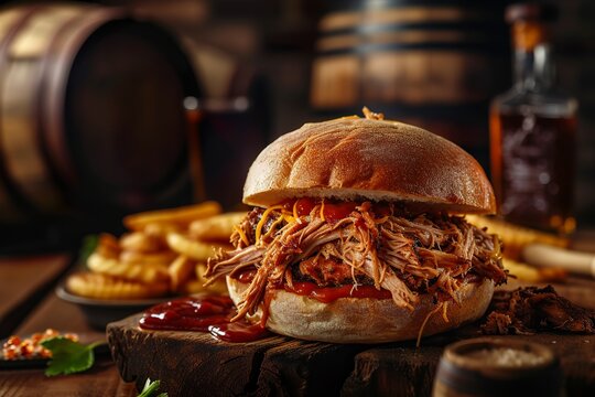 commerical shot of a mouth watering pulled pork sandwich 