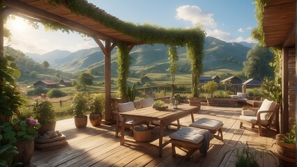 Rural Paradise - Wooden Homestead Terrace with Flower Pot Table and Mountain Backdrop - obrazy, fototapety, plakaty