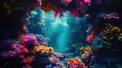 Crédence de cuisine en verre imprimé Récifs coralliens coral reef and fishes in the blue sea, abstract watercolor background