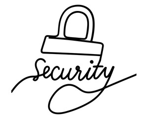 continuous One Line drawing of security text with a lock