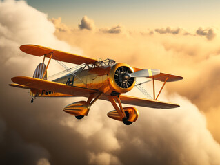 "A vintage biplane soaring through the blue sky, leaving behind a graceful aerobatic trail."