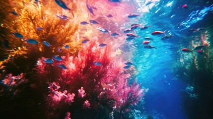 Fototapeta na wymiar coral reef and fishes in the blue sea, abstract watercolor background