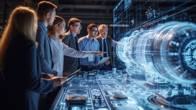 group of professionals around a high-tech holographic display showing engine parts. Discussing design or manufacturing processes.