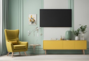 Mockup a TV wall mounted on green cabinet with yellow armchair in living room with a white wall, Generative AI