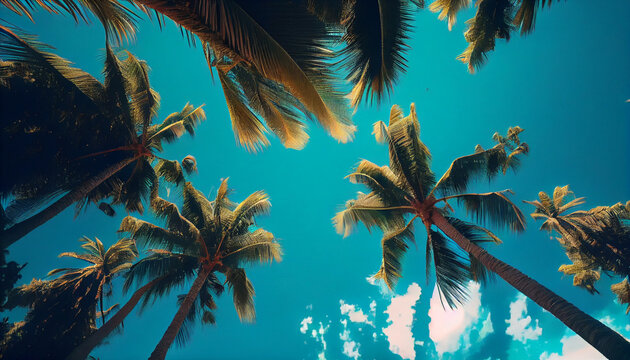 Blue sky and palm trees view from below. Tropical beach and summer background. Travel concept minimalist background Ai generated image