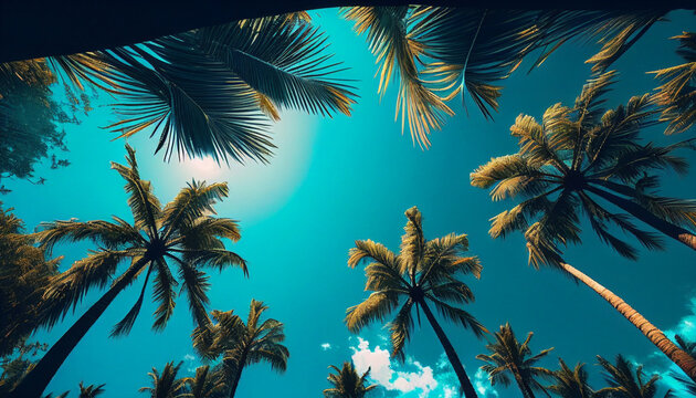 Blue sky and palm trees view from below. Tropical beach and summer background. Travel concept minimalist background Ai generated image