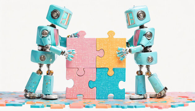 2 AI robots building a puzzle