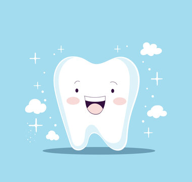 Happy healthy cartoon tooth character illustration. Clear tooth concept, brushing teeth, dental kids care on blue background with little stars