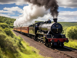 Fototapeta na wymiar A nostalgic steam locomotive chugs through a picturesque landscape, evoking a sense of bygone eras.