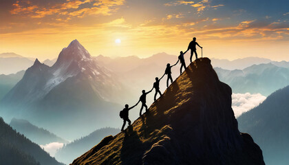 sunset over the mountains. Illustrated of row of people helping each other up a mountain. Concept of teamwork, assistance - obrazy, fototapety, plakaty