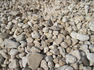 Macro view of gravel beach on the sun. Pebbles on the seaside. Close up of a stone on a sunny summer day.

