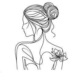 One vector line drawing, portrait of a naked girl with her back