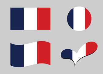 Flag of France. France flag in heart shape. France flag in circle shape. Country flag variations