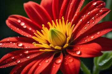 Red flower in full bloom with water droplets on petals.