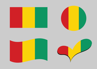 Flag of Guinea. Guinea flag in heart shape. Guinea flag in circle shape. Country flag variations