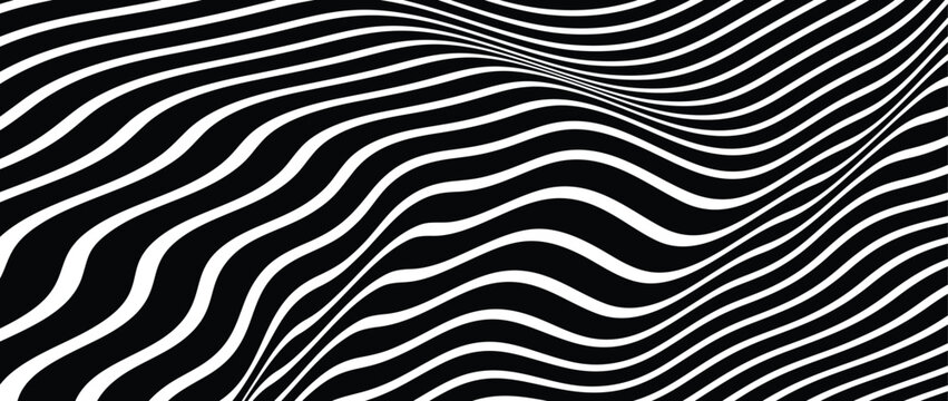 Abstract Geometric Distirted White Wave on Black Background. Black and White Swirl Shapes. Minimalism Still Life Style. Black wave stripe background. Vector Illustration