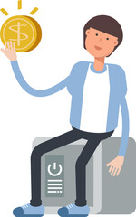 Office Worker Character Sitting on Safe and Holding Dollar Coin
