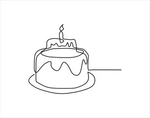 Simple Outline Of Birthday Cake. Party Cake In One Countinuous Line Art.